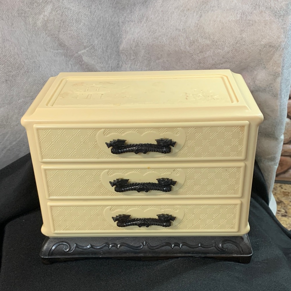 Vintage Japanese Celluloid Beige  Embossed  3-Drawer Jewelry Box